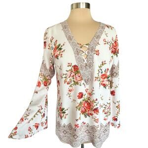 Angie Cream Red Rose Floral Print Tunic Top Flared Sleeves Sz Small Boho Cottage